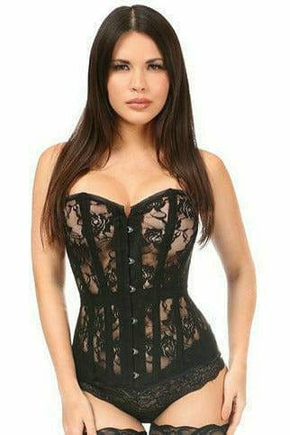 Woman modeling a Sexy Black Sheer Lace Over Bust Corset, showcasing its lace design, front busk closure, and elegant waist tape fit.