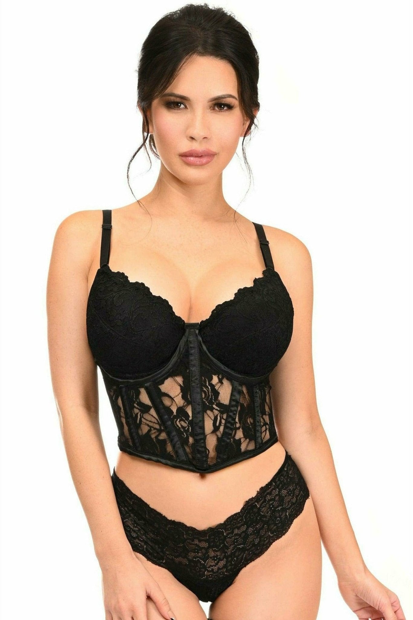 Woman modeling the Sexy Black Sheer Lace Underwire Waist Cincher Corset, featuring underwire design and boning, highlighting its elegant and supportive structure.