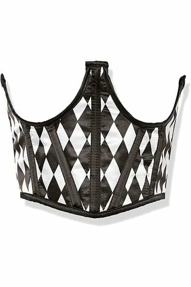 Sexy Black & White Diamond Satin Open Cup Waist Cincher with underbust design, featuring satin fabric, back lacing, and structural support for a chic Halloween look.