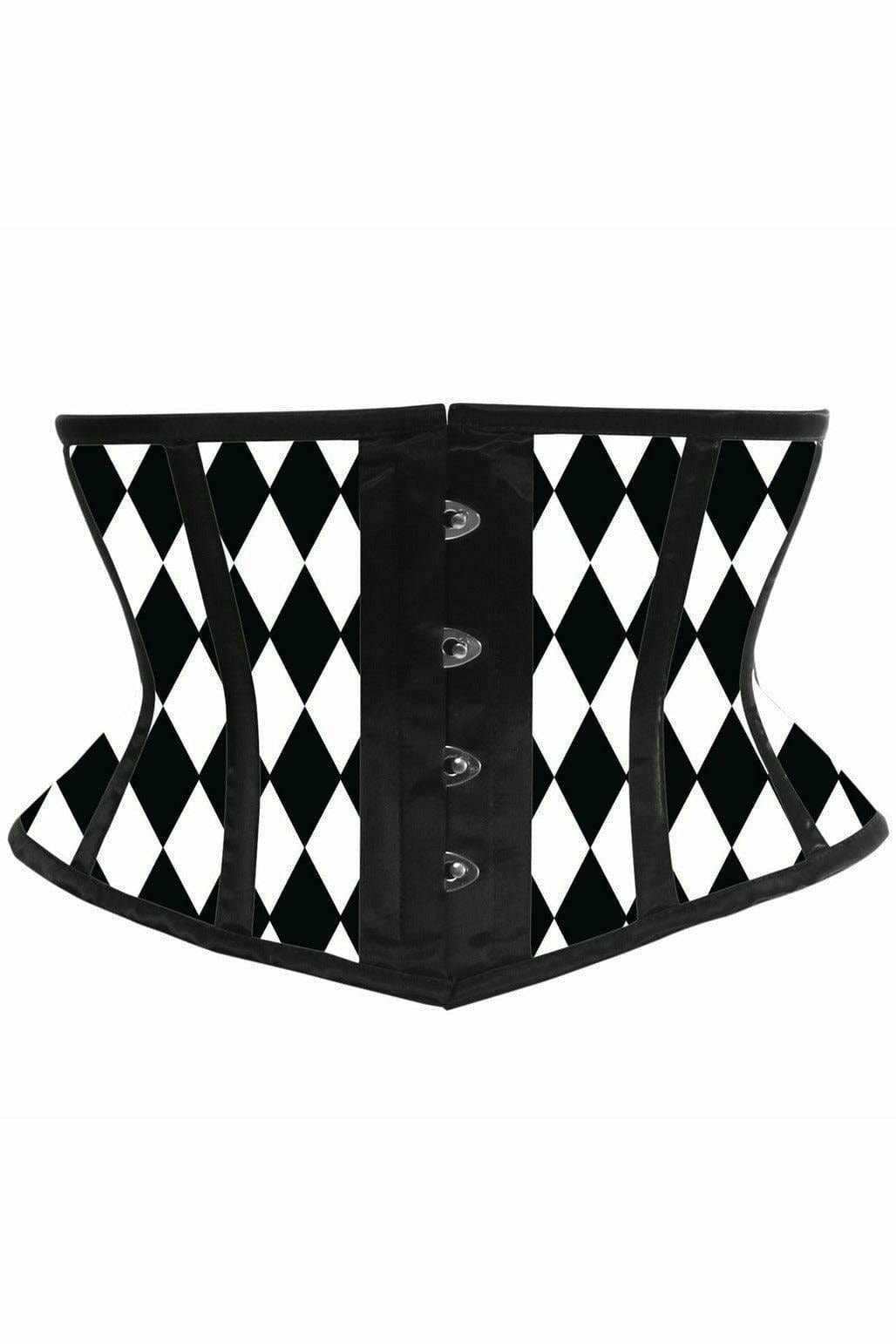 Sexy Black & White Diamond Waist Cincher Corset with satin fabric, diamond pattern, front busk closure, and 8 plastic bones for structure, perfect for Halloween cosplay.