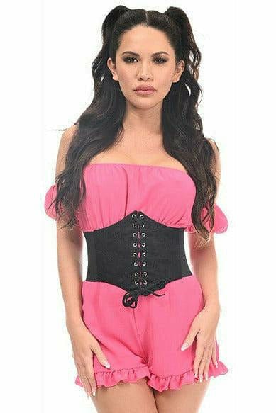 Woman models a Sexy Black with Black Lace Overlay Corset Belt Cincher over a pink dress, showcasing its adjustable fit and lace detailing.