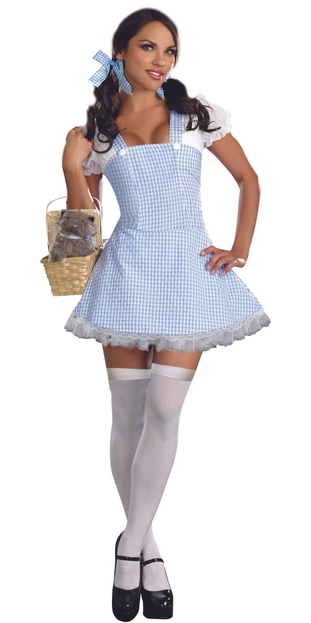 Woman in Sexy Blue Gingham Dress Women's Costume holding a basket of teddy bears, showcasing the dress's gingham pattern and flowy chiffon sleeves.