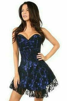 Woman modeling the Sexy Blue Lace Corset Dress, featuring luxury satin, black lace overlay, and reinforced boning, ideal for elegant events. Adjustable fit with privacy panel.