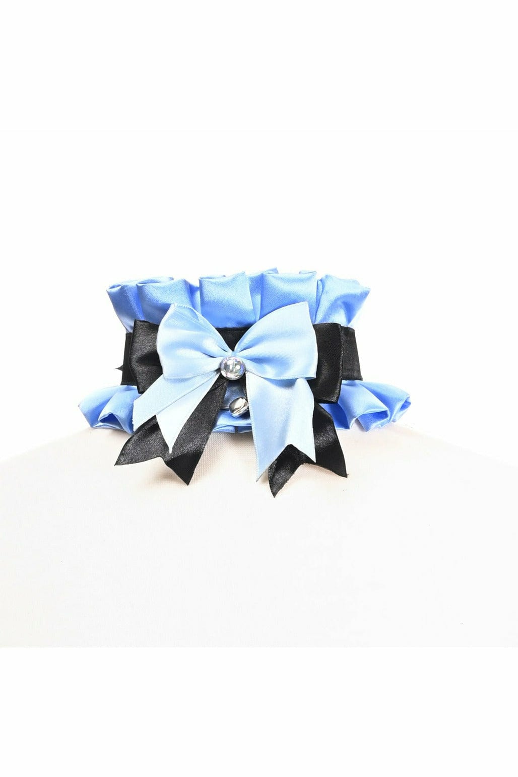 Sexy Blue with Black Costume Choker featuring a ribbon tie, rhinestone embellishment, and bell adornment, perfect for adding elegance to costumes.