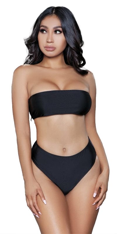 Sexy Brooke Bandeau High Waisted Bottom Bikini showcased on model, highlighting bandeau top with removable straps and high waisted bottoms, ideal for curvier figures.