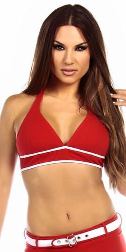 Woman modeling the Sexy Burn Adjustable Tie Athletic Ring Girl Gym Halter Top, featuring a supportive tie design with contrast trim and halter style.