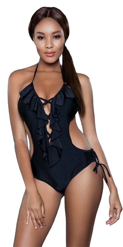 Woman modeling the Sexy Candace Criss Cross Ruffle Halterneck Swimsuit, featuring strappy front, ruffle trim, open back, and cheeky tanga style.
