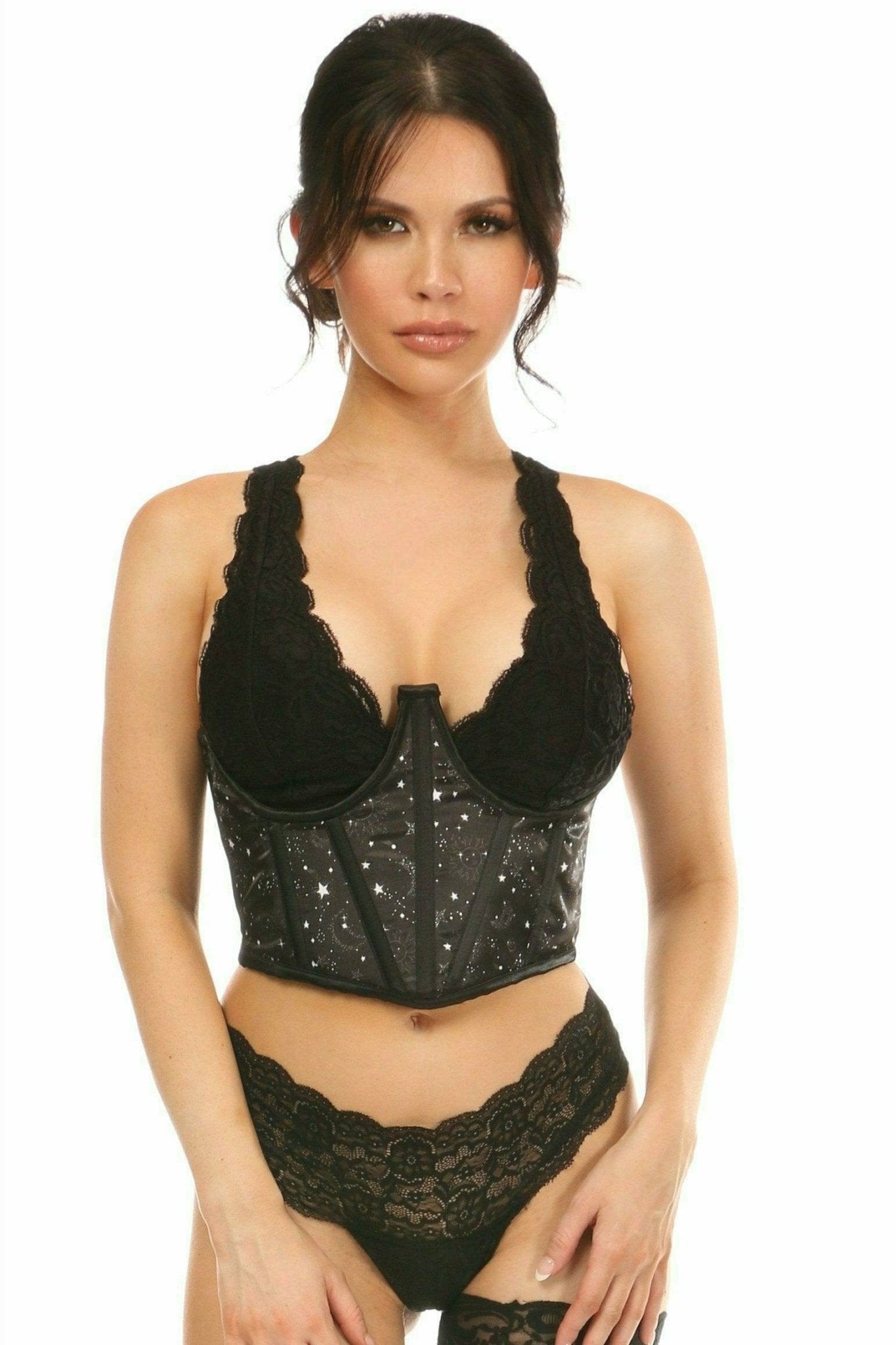 Woman modeling the Sexy Celestial Satin Open Cup Waist Cincher, showcasing its underbust design with underwire and lacing details for a structured fit.