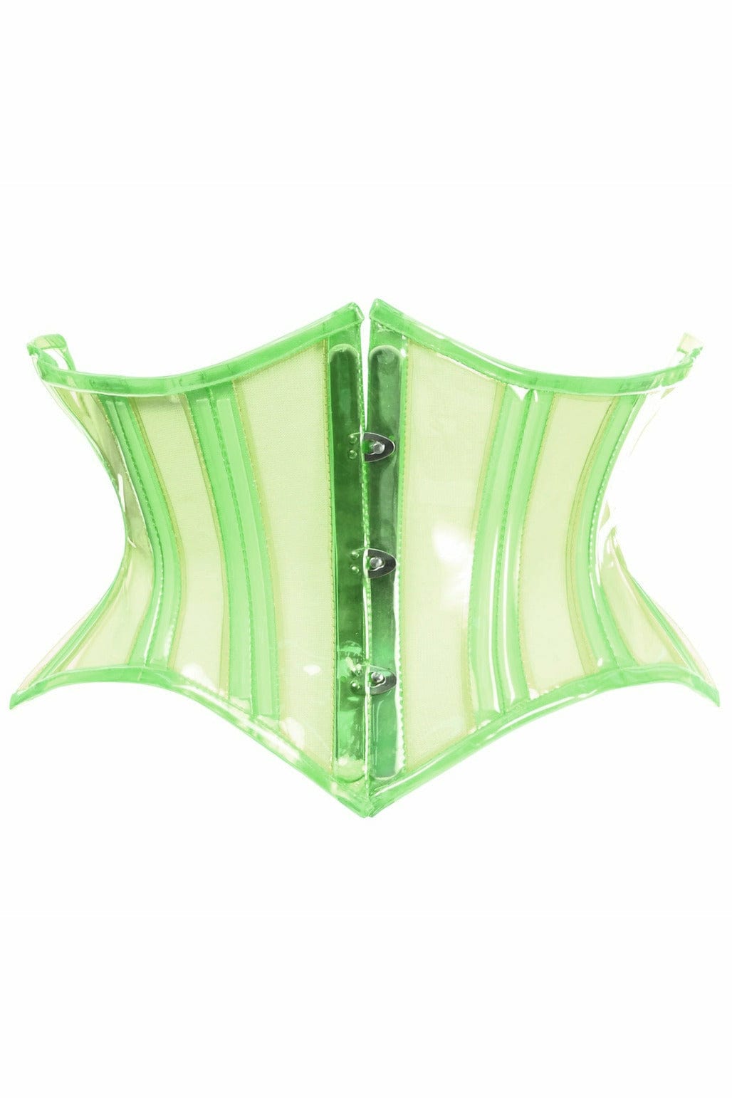Sexy Clear Green Curvy Cut Mini Cincher Corset with 20 plastic double bones, 4 steel bones, and secure front busk closure, highlighting its flattering silhouette.