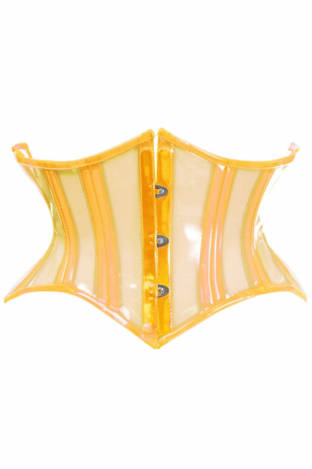 Sexy Clear Yellow Curvy Cut Mini Cincher Corset with front busk closure, showcasing 20 plastic double bones and 4 static flat steel bones for shape emphasis.