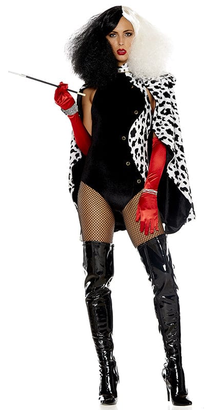 Woman wearing Sexy Cruella's Revenge Halloween Costume with velvet halterneck bodysuit, dalmatian print, flowing cape, red opera gloves, and cigarette holder.