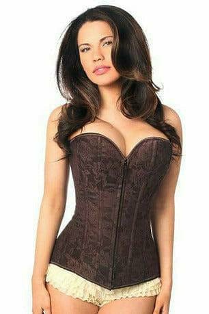 Woman modeling a Sexy Dark Brown Lace Overbust Corset with Zipper, showcasing its elegant lace detailing and shaping features, ideal for special occasions.