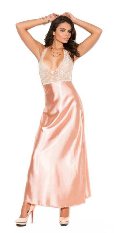 Woman in peach charmeuse gown with lace cups, showcasing elegant maxi style from the Sexy Delicious Peach Charmeuse and Lace Gown collection.