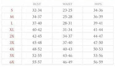 Corset size chart with bust, waist, and hips measurements for S–6X