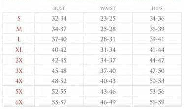 Corset size chart (S–6X) with bust, waist, hips measurements