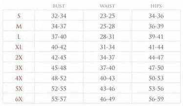 Corset size chart with bust, waist, and hips measurements for S through 6X