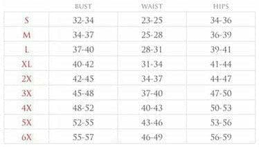 Corset size chart table with bust, waist, and hip measurements