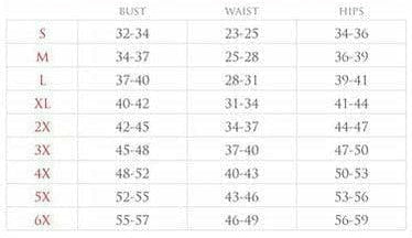 Corset size chart for Lavish by Daisy Corsets with bust, waist, and hip measurements