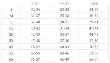 Corset size chart table with bust, waist, hips measurements for Sexy Deluxe costume.