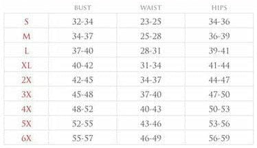 Corset size chart with bust, waist, hips measurements S–6X