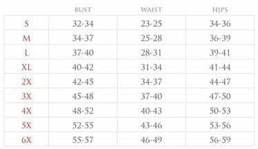 Corset size chart with bust, waist, and hips measurement table