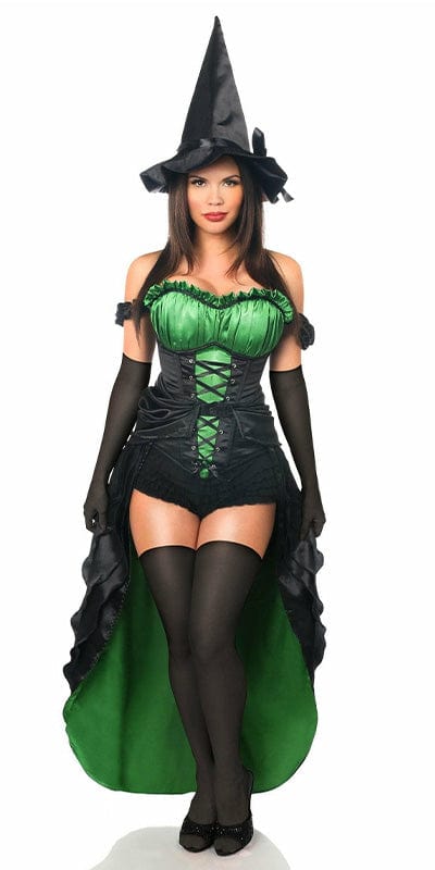 Sexy Deluxe 5 Piece Spellbound Witch Halloween Costume featuring a corset with steel bones, a detachable skirt, and a witch hat, modeled by a woman.