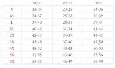 Costume size chart listing bust, waist, and hips measurements by size letters