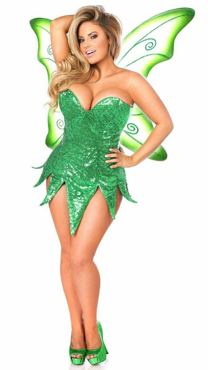 Green sequin fairy corset dress with sweetheart neckline and draped skirt