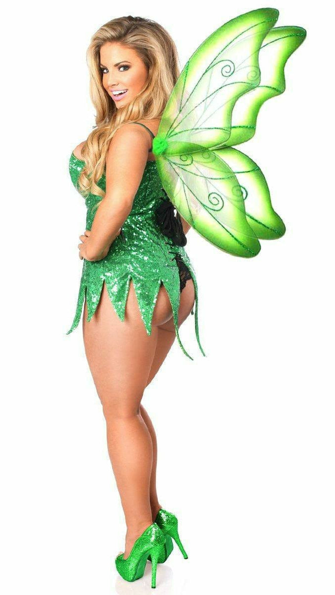 Green sequin fairy corset dress with pointed hem and fairy wings accessory
