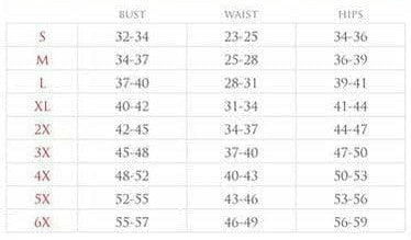 Corset size chart with bust, waist, and hip measurements by size