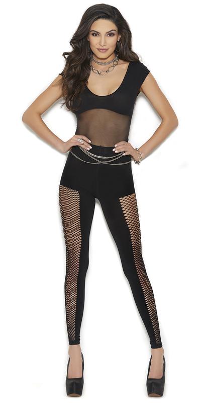 Woman modeling the Sexy Devote Black Sheer Fence Fishnet Bodystocking with mesh body, footless fishnet legs, and open crotch detail.