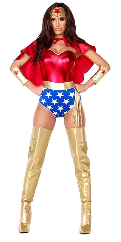 Woman modeling Sexy Diana of Themyscira Superhero Costume, featuring a metallic bodysuit, flowing cape, and thigh-high boots, embodying a powerful superhero look.