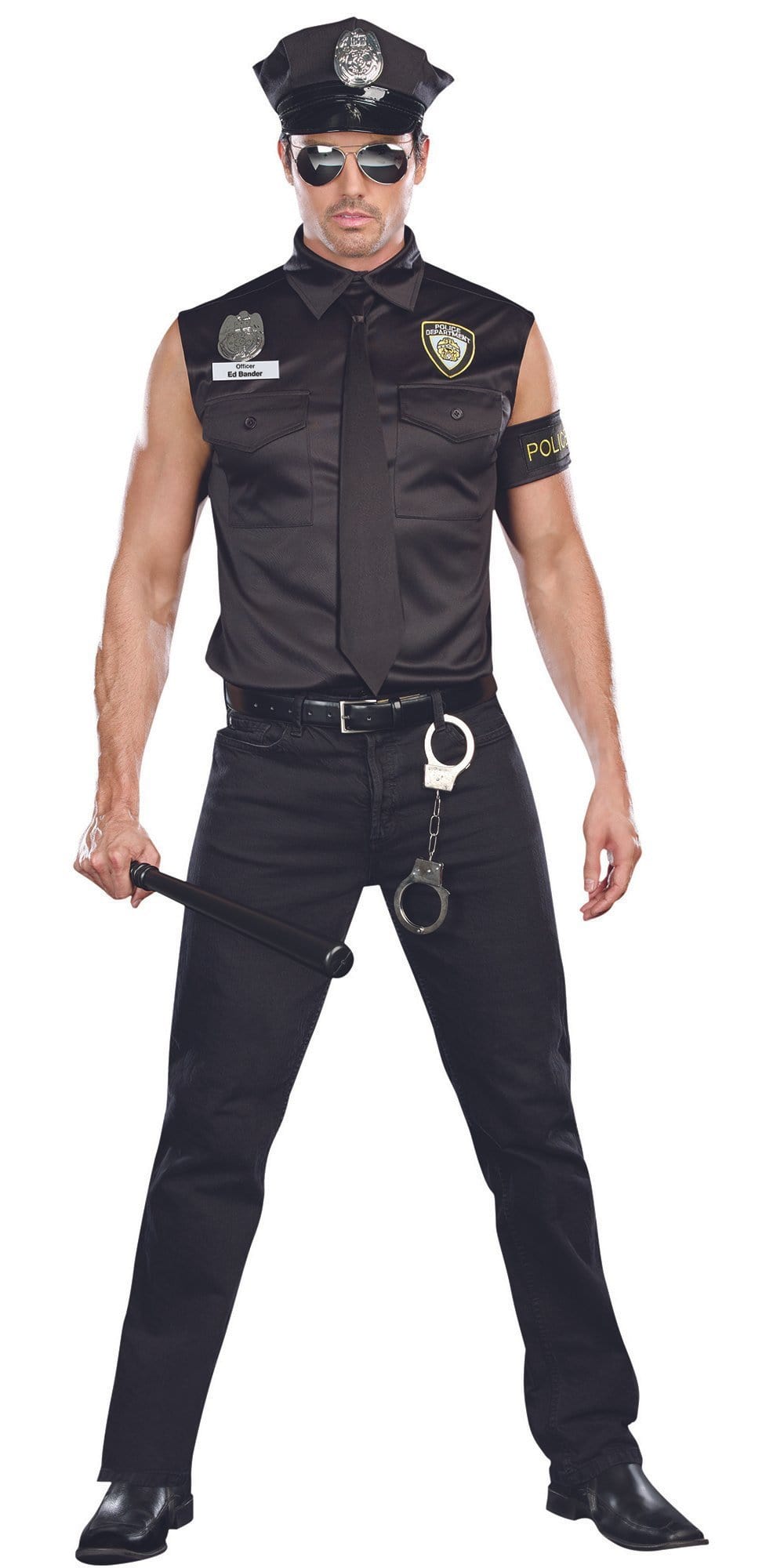 Man in Sexy Dirty Cop Officer Ed Banger Men's Costume with sleeveless shirt, necktie, and police hat, embodying a bold, authoritative look.