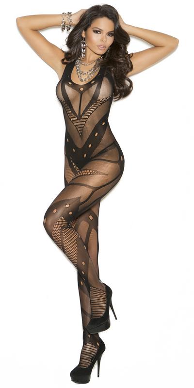 Woman wearing Sexy Down to Earth Black Crochet Net Bodystocking with halter neckline, paired with high heels, highlighting the bodystocking's sultry crochet net pattern.