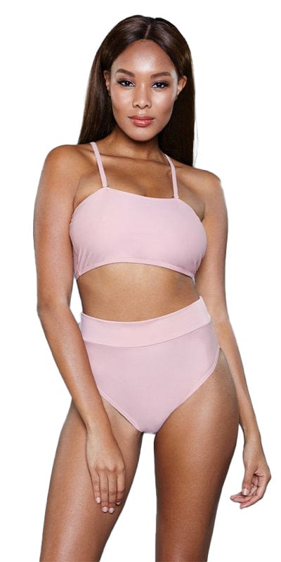 Sexy Eva Bandeau Top and High Waisted Bottom Bikini Swimsuit worn by a model, highlighting the two-way strappy bandeau top and high-waisted design.