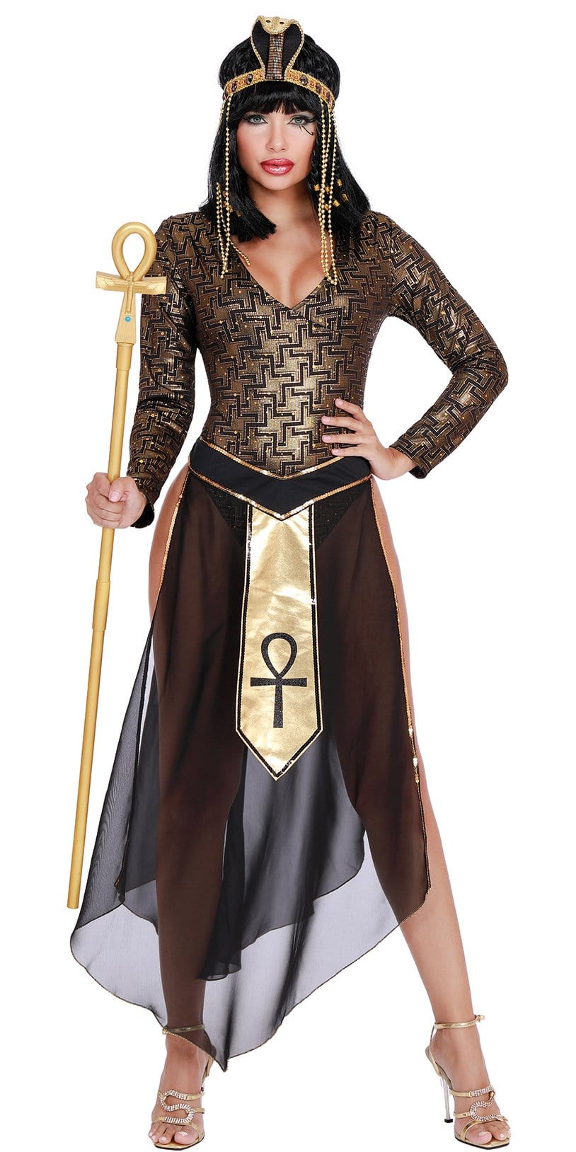 Sexy Exquisite Egyptian Queen Cleo Women's Costume with Egyptian print bodysuit, chiffon skirt with Ankh, and rhinestone cobra headpiece, worn by a model.