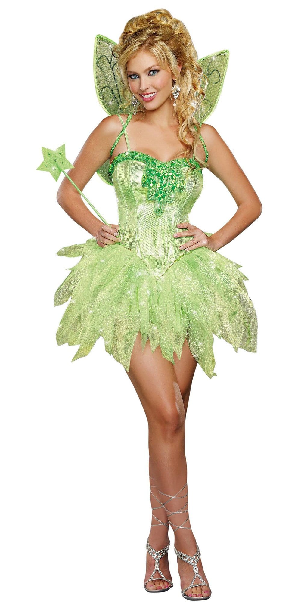 Sexy Fairy Licious Women's Costume featuring a holographic print dress with ruffles, paired with wings and high heels, modeled by a woman.