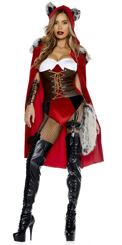 Woman wearing the Sexy Fairy Tale Big Bad Wolf Halloween Costume, featuring a faux leather corset bodysuit, red cape with faux fur, gauntlets, and a faux fur tail.