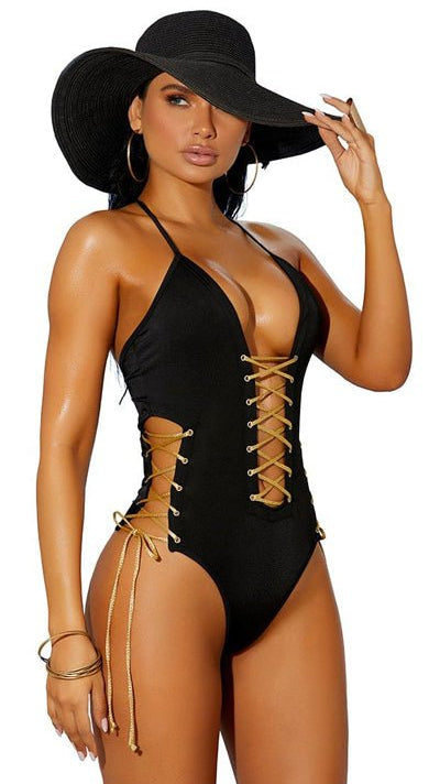 Sexy Fashion Lycra Monokini with Lace Up Detail Black One Size