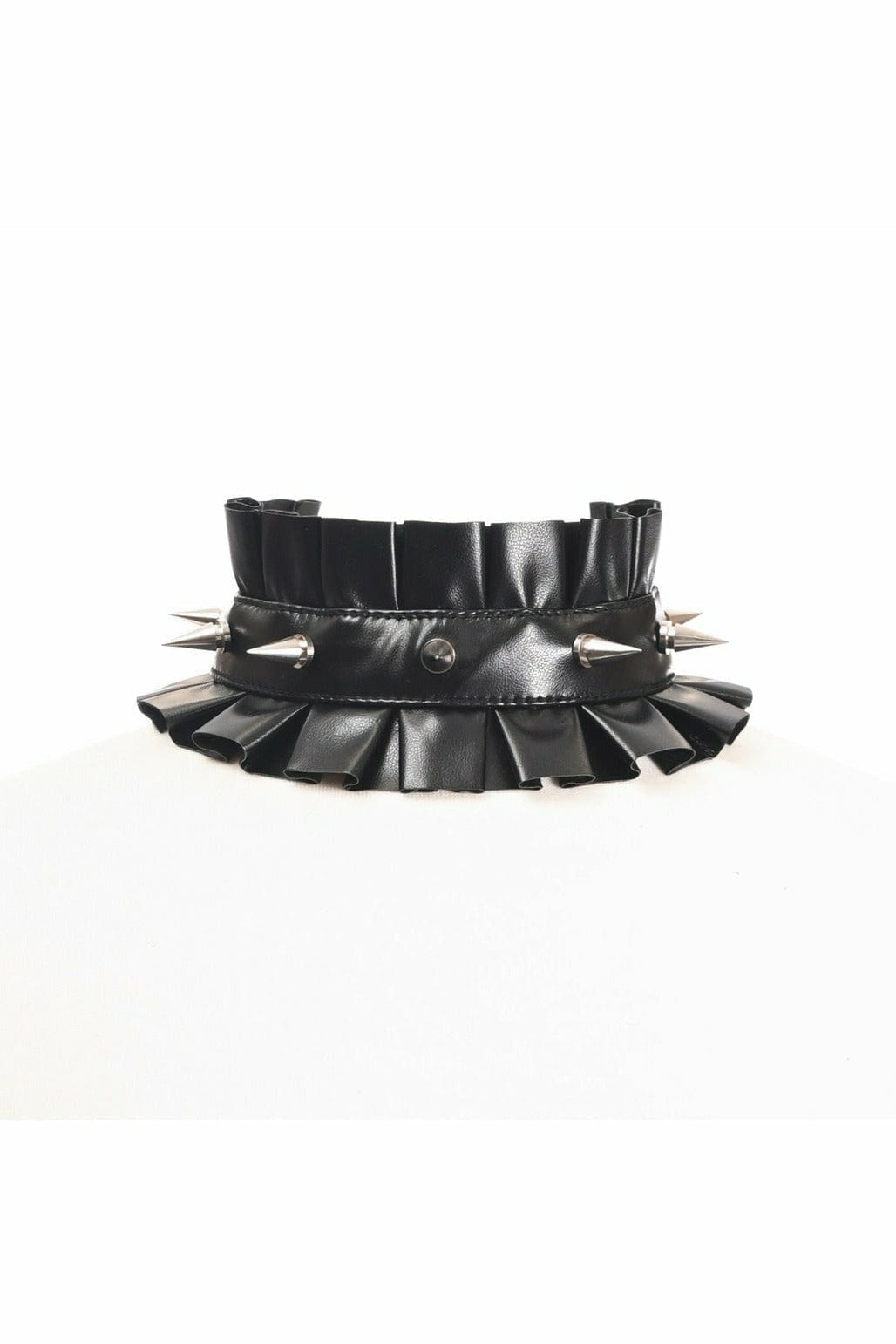Sexy Faux Leather Spike Choker featuring edgy spikes on black leather, perfect for a bold, bondage-inspired look with costumes or lingerie.