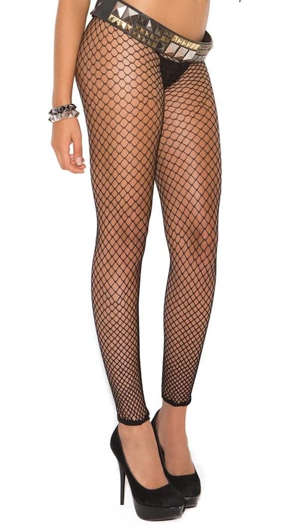 Sexy Fence Net Leggings showcased on a model wearing fishnet tights and a leather vest, highlighting their fashionable pattern and durable, comfortable polyester blend fabric.
