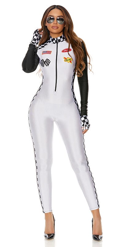 Woman wearing Sexy Finish Line Racer Halloween Costume: a white and black jumpsuit with checker print, embroidered patches, fingerless gloves, and aviator glasses.