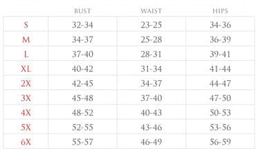 Corset size chart with bust, waist, hip, and sizes S to 6X