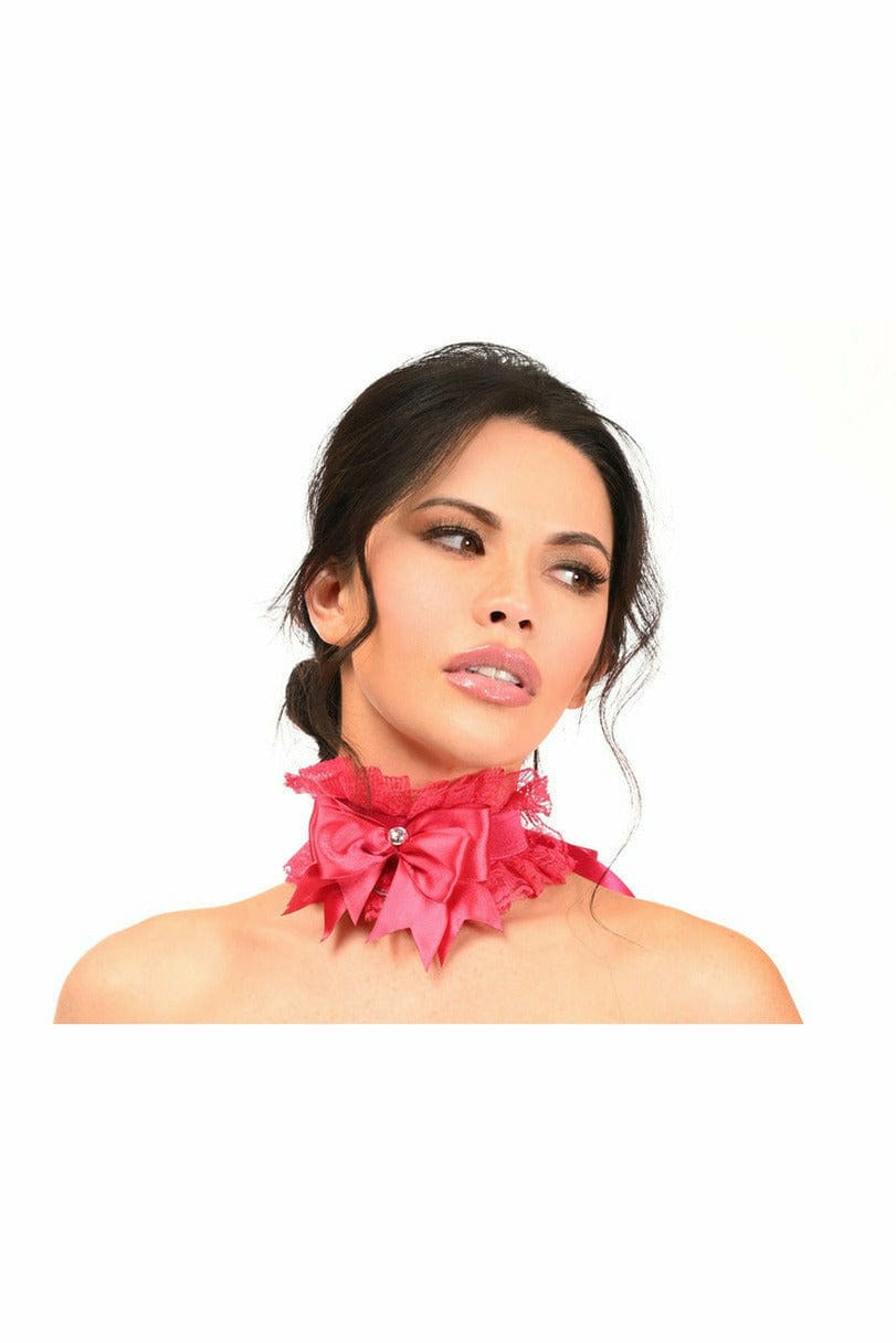 Woman wearing the Sexy Fuchsia Lace Costume Choker, featuring a pink bow, sparkling rhinestones, bell embellishment, and adjustable ribbon tie closure.