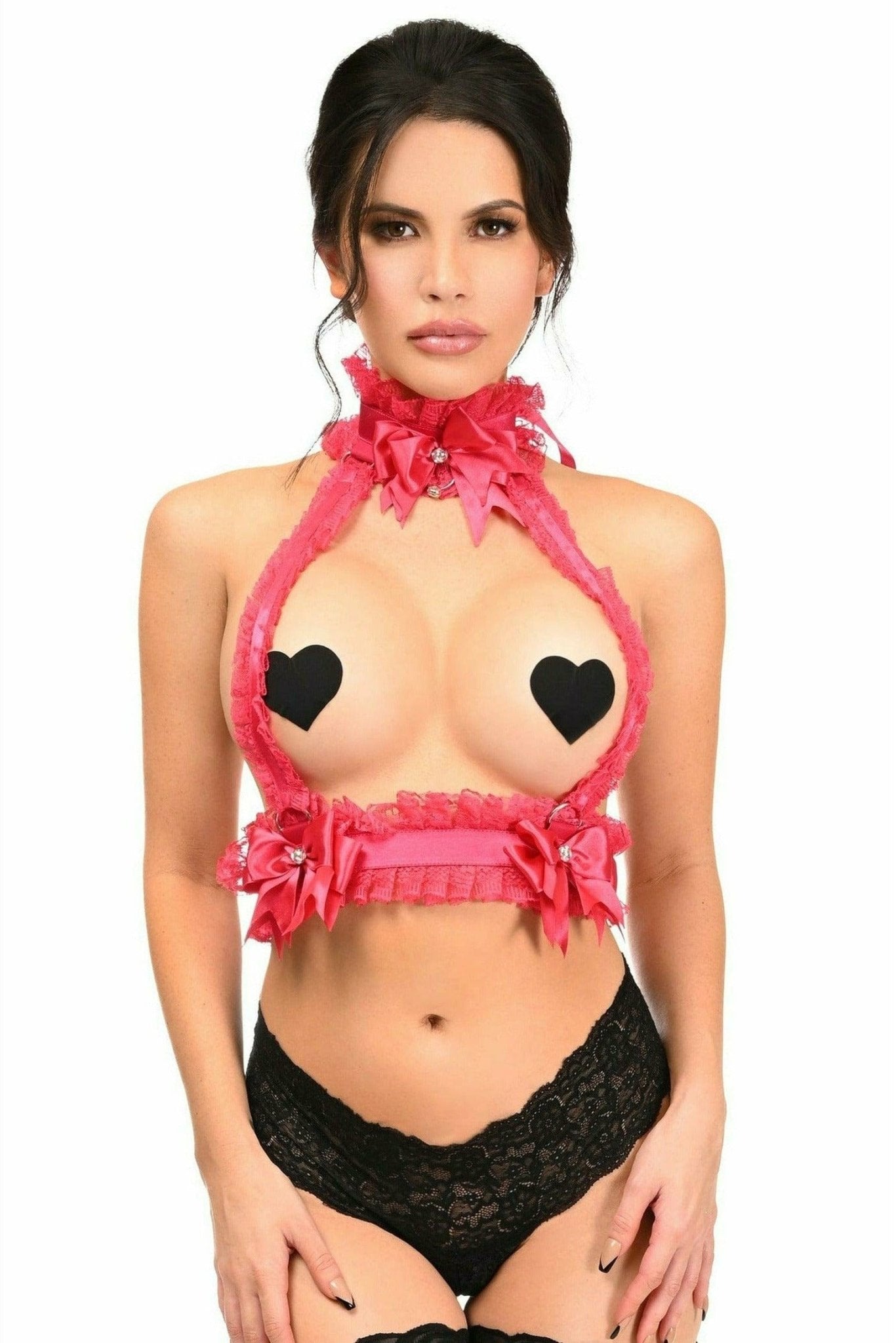 Woman modeling the Sexy Fuchsia with Fuchsia Lace Double Strap Body Harness, featuring rhinestone choker and bell embellishments. Panties and other accessories not included.