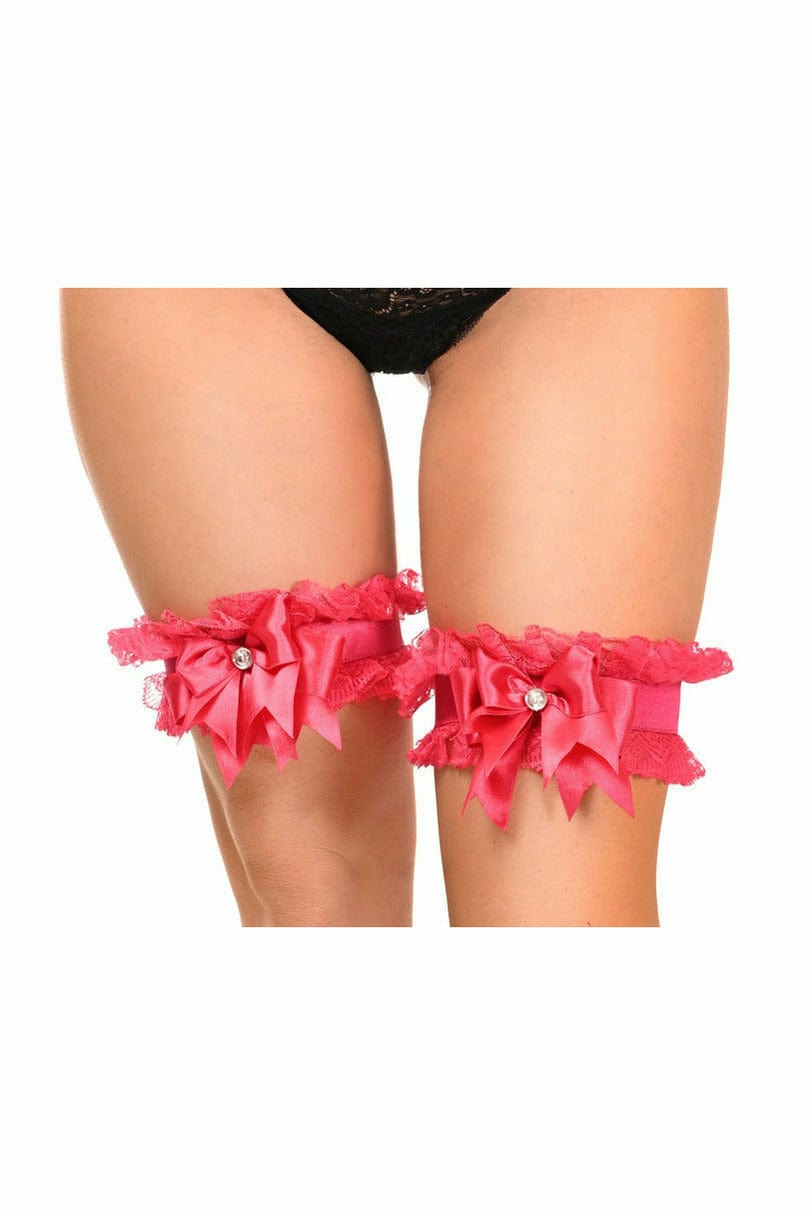 Woman wearing Sexy Fuchsia with Fuchsia Lace Garters, adorned with rhinestones and lace, showcasing the product's elegant design and secure fit.