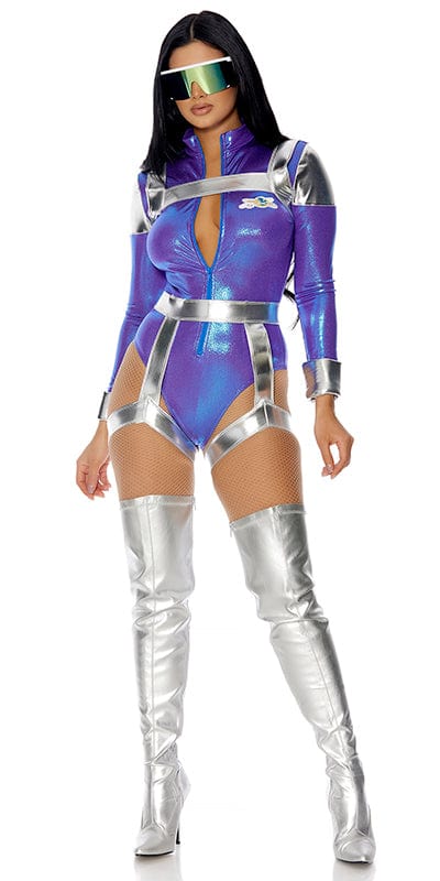 Woman wearing the Sexy Galactic Astronaut Halloween Costume, featuring a metallic bodysuit with space patches, harness, garter belt, and visor glasses.