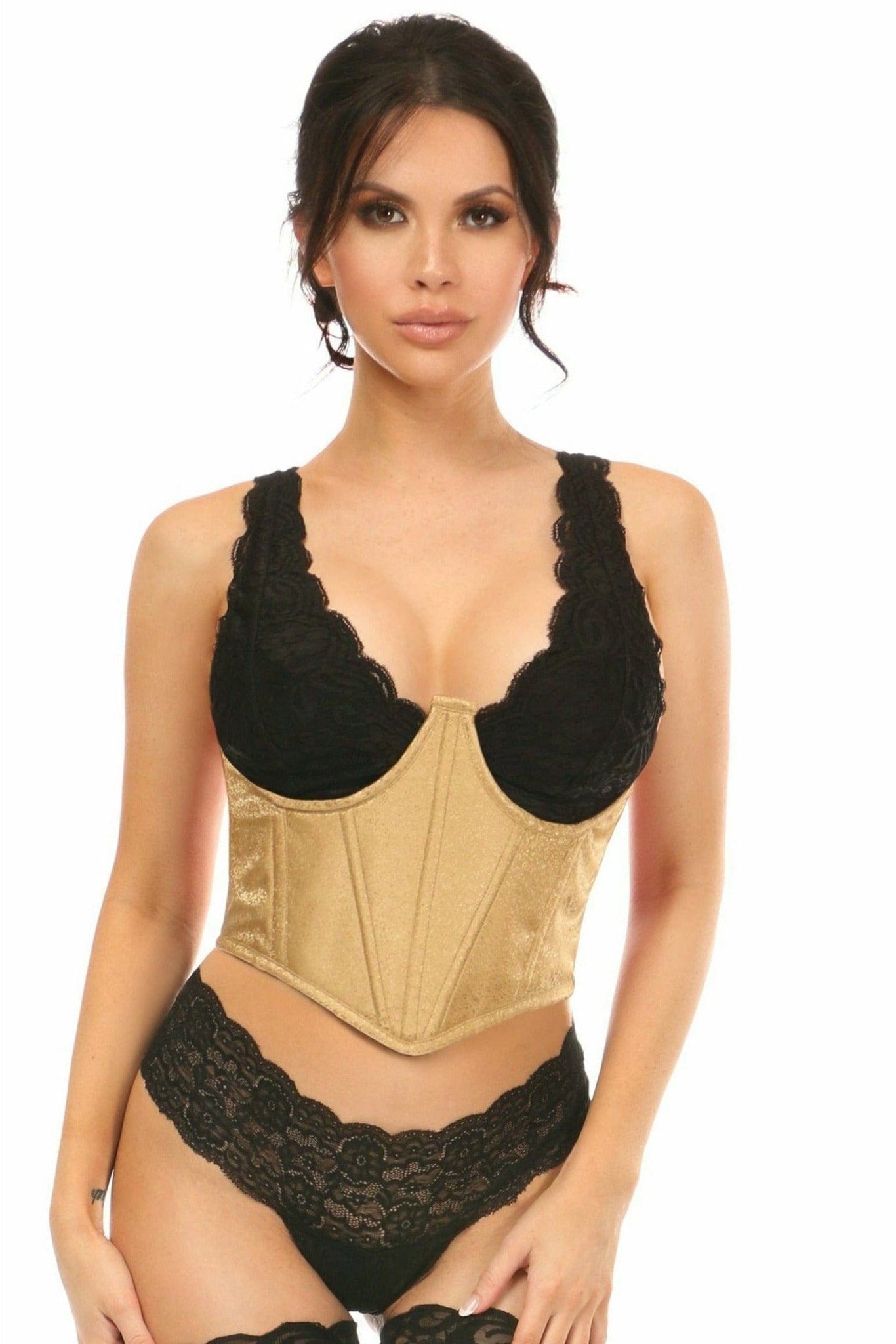 Woman wearing the Sexy Gold Brocade Open Cup Waist Cincher, showcasing corset design with underwire and structural boning for a glamorous look.