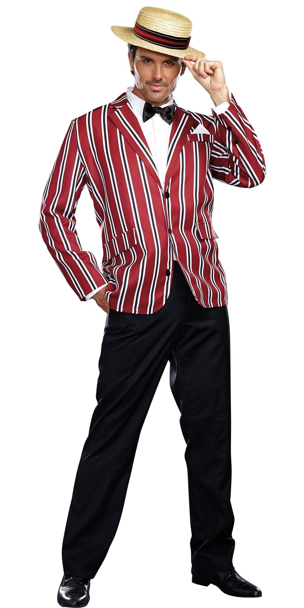 Man in Sexy Good Time Charlie Men's Costume, featuring a striped jacket, bow tie, and hat. Perfect for Halloween or cosplay events.