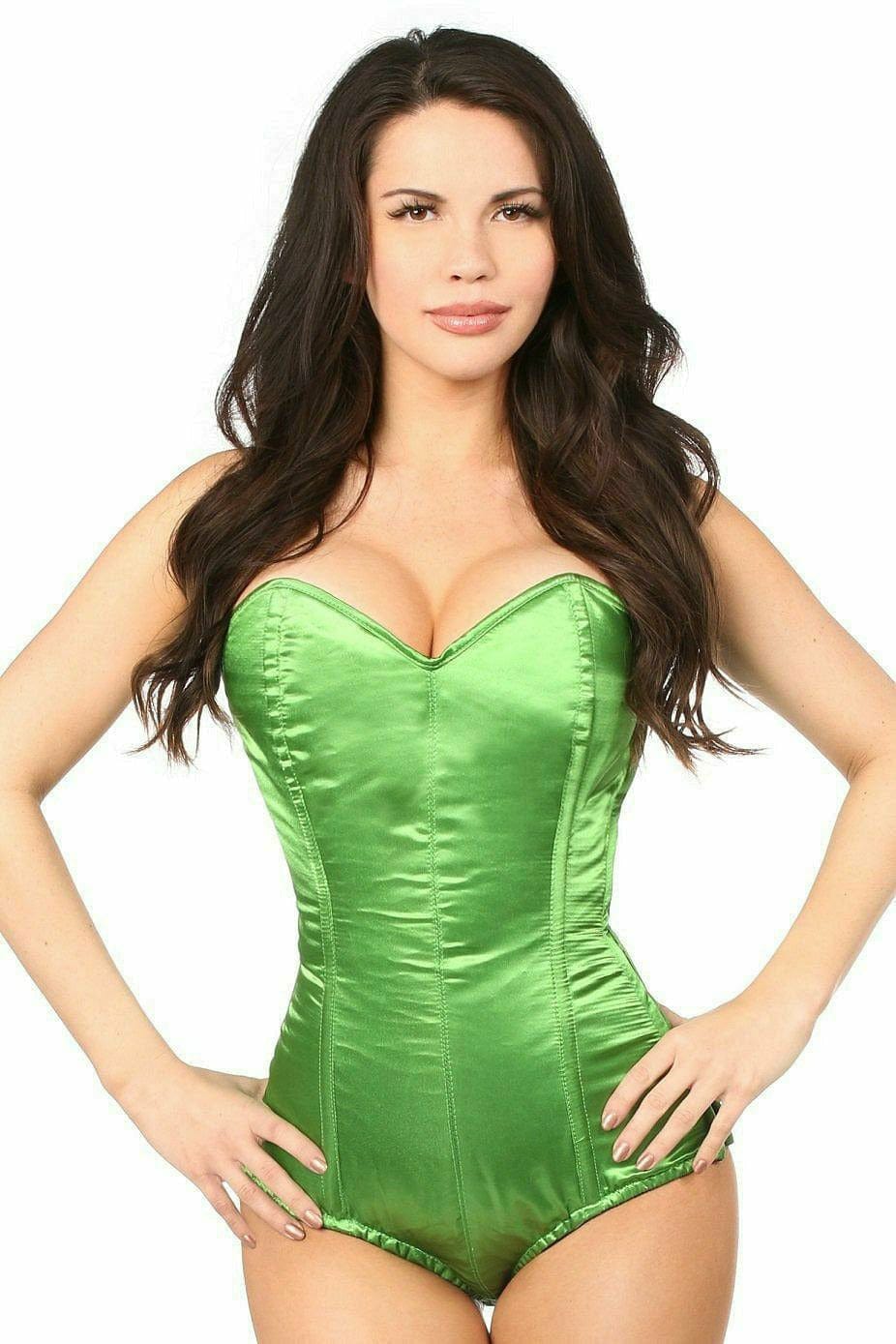 Woman modeling the Sexy Green Satin Corset Romper, featuring a fitted design with visible boning and back lacing, highlighting stylish structure and support.